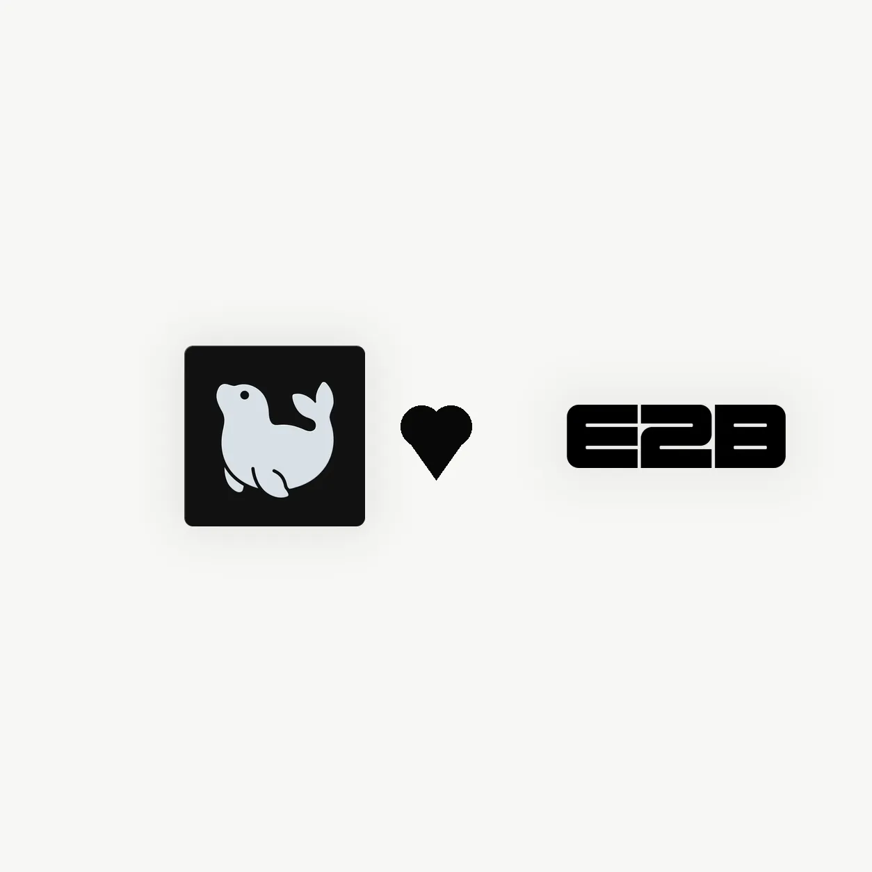 OneQuery logo connected to the E2B logo with a heart symbol.